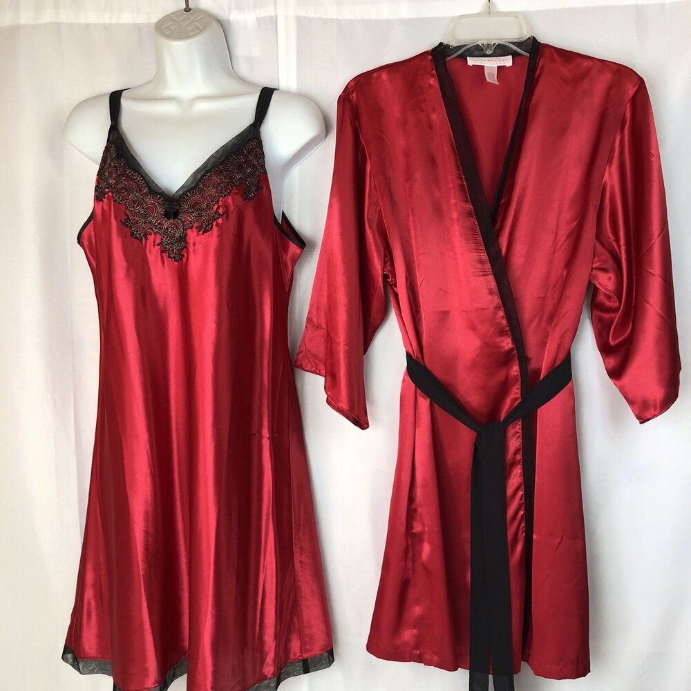 Oscar de la Renta Pink Label Red Chemise + Robe Set 90's Black Gold Lace Trim M